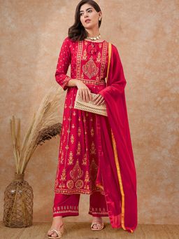 Gahan - Red Viscose Rayon Printed Hand Work A-Line Anarkali Kurta with Pant & Dupatta