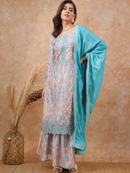 Gahan - Blue Silk Blend Digital Print Zari Embroidery Jacquard Kurta with Sharara & Dupatta