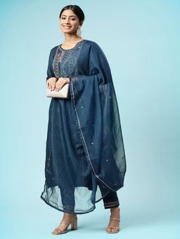 Gahan - Navy Blue Chinon Zari Embroidered Straight Kurta with Pant with Dupatta