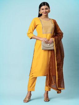 Gahan - Mustard Ruby Cotton Zari Embroidered Kurta with Pant with Dupatta