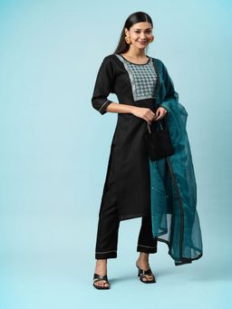 Gahan - Black Ruby Cotton Zari Embroidered Kurta with Pant with Dupatta