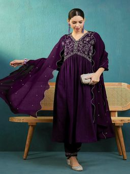 Gahan - Wine Silk Blend Thread Embroidered Alia Cut Kurta with Pant & Dupatta