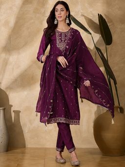 Gahan - Wine Silk Blend Zari Embroidery Jacquard Kurta with Pant & Dupatta