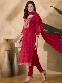 Gahan - Red Zari Mirror Embroidery Mirror Jacquard Kurta with Pant & Dupatta