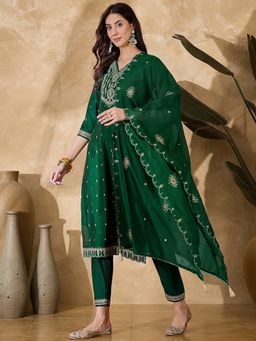 Gahan - Green Zari Mirror Embroidery Jacquard Kurta with Pant & Dupatta