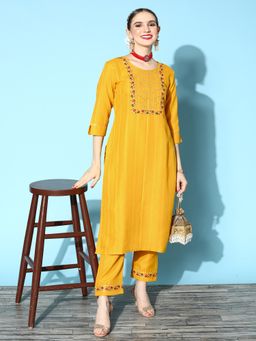 Gahan - Yellow Cotton Blend Zari Gota Embroidered Kurta with Pant
