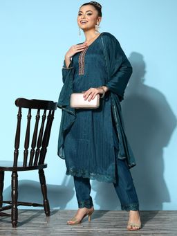 Gahan - Teal Chinon Silk Mirror Work Gota Embroidered Kurta with Pant & Dupatta