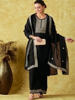 Gahan - Black Chinon Silk Zari Embroidered Kurta with Palazzo & Dupatta