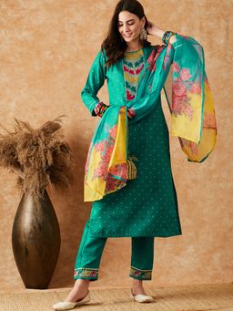 Gahan - Teal Ruby Cotton Zari Embroidered Kurta with Pant & Dupatta