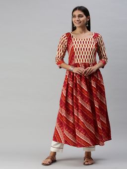 Gahan - Womens Abstract Print Red Fit & Flare Cotton Blend Kurta