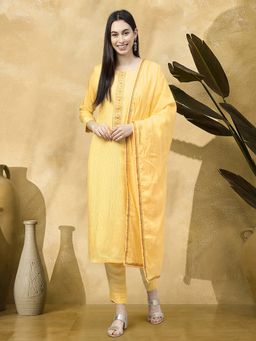Gahan - Womens Yellow Pure Musline Crochet Work Kurta with Pant & Dupatta