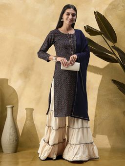 Gahan - Womens Foil Printed Navy Blue Kurta with Sharara & Dupatta