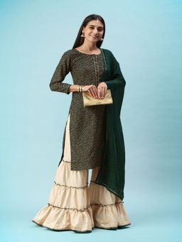 Gahan - Womens Foil Printed Green Kurta with Sharara & Dupatta