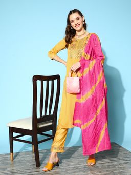 Gahan - Yellow Silk Blend Zari Embroidered Kurta with Pant & Laheriya Dupatta