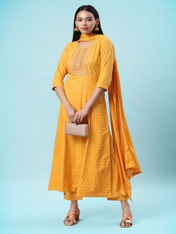 Gahan - Womens Yellow Embroidered Foil Printed Kurta with Pant & Dupatta