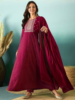Gahan - Womens Maroon Embroidered Foil Printed Anarkali Kurta with Pant & Dupatta