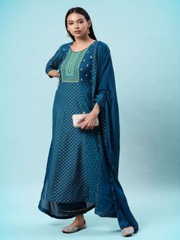 Gahan - Womens Teal Embroidered Foil Printed Anarkali Kurta with Pant & Dupatta