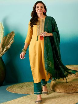 Gahan - Womens Yellow Embroidered Kurta with Pant & Dupatta