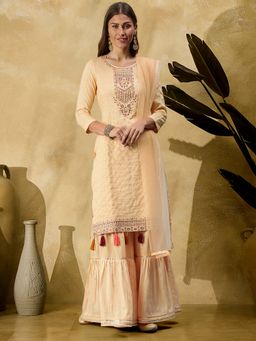 Gahan - Womens Beige Embroidered Kurta with Sharara & Dupatta