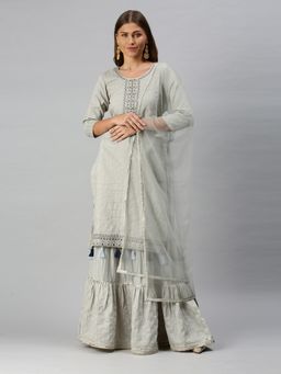 Gahan - Womens Grey Embroidered Kurta with Sharara & Dupatta