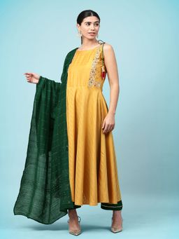 Gahan - Womens Yellow Embroidered Anarkali Kurta with Pant & Dupatta