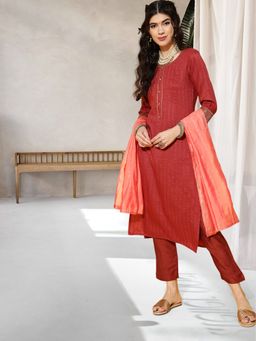 Gahan - Rust Uppada Silk with Yoke Design Unstitched Dress Material with Dupatta