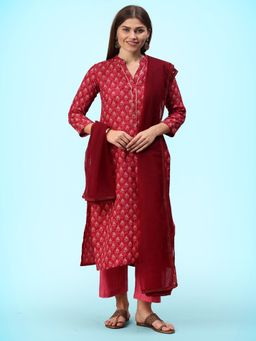 Gahan - Pink Cotton Blend Printed Straight Unstitched Dress Material Net Dupatta