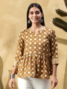 Gahan - Womens Olive Polka Dot Fit & Flare Cotton Blend Top