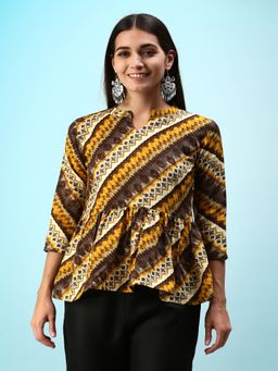Gahan - Womens Abstract Print Mustard Fit & Flare Cotton Blend Top