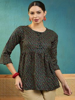 Gahan - Womens Bandhani Green Print Fit & Flare Cotton Blend Top