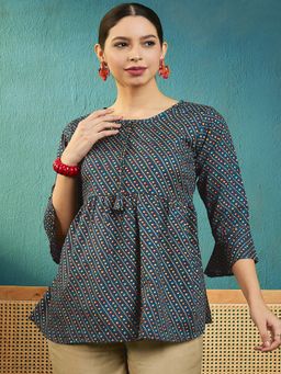 Gahan - Womens Bandhani Blue Print Fit & Flare Cotton Blend Top
