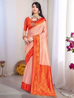 Gahan - Womens Peach Woven Design Nylon Silk Saree with Unstitched Blouse