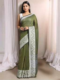Gahan - Womens Green Woven Design Chanderi Linen Blend Saree with Unstitched Blouse