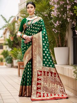 Gahan - Womens Green Woven Design Banarasi Art Silk Saree with Unstitched Blouse