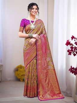 Gahan - Womens Olive Woven Design Dharmavaram Art Silk Saree with Unstitched Blouse