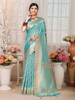 Gahan - Womens Blue Woven Design Chanderi Linen Blend Saree with Unstitched Blouse
