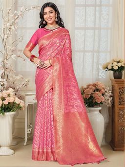 Gahan - Womens Pink Woven Design Chanderi Linen Blend Saree with Unstitched Blouse