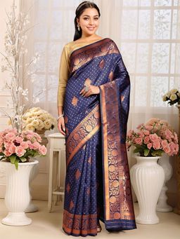 Gahan - Womens Navy Blue Woven Design Banarasi Art Silk Saree with Unstitched Blouse