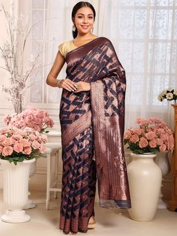 Gahan - Womens Navy Blue Woven Design Chanderi Silk Saree with Unstitched Blouse