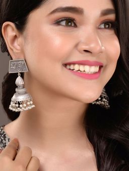 Saraf RS Jewellery - Silver Oxidised Handcrafted Contemporary Jhumka Earrings