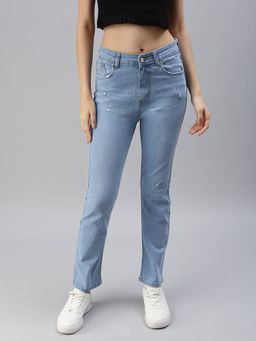 SHOWOFFFF - Women's Mildly Distressed Blue Straight Fit Denim Jeans