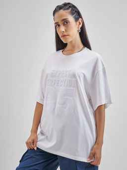 TOKYO TALKIES - Women White Cotton Blend Self Design Oversized Fit T-Shirt