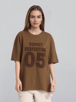 TOKYO TALKIES - Women Brown Cotton Blend Self Design Oversized Fit T-Shirt