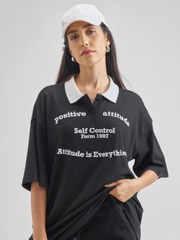 TOKYO TALKIES - Women Black Cotton Blend Typography Oversized Fit T-Shirt