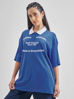 TOKYO TALKIES - Women Blue Cotton Blend Typography Oversized Fit T-Shirt