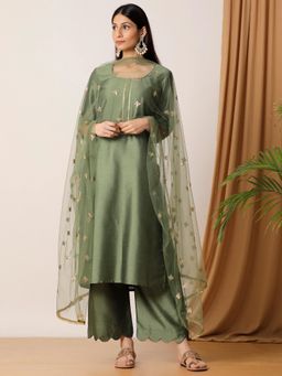 Empress Pitara - Fiza Olive Green Kurta And Palazzo With Net Embellished Dupatta (Set of 3)