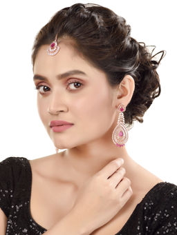 Saraf RS Jewellery - Rose Gold Plated Red Ad Studded Leaf Design Mangtika & Earring (Set Of 2)