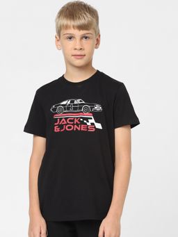 Jack & Jones Junior - Boys Black Printed Crew Neck T-shirt