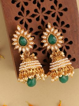 Anika's Creations - Elegant off White Pearl and Stone Designer Gold Plated Green Drop Jhumka Earring