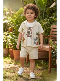 Lagorii - Boys Beige Shorts With Tropical Embroidered Shirt And Printed Tee